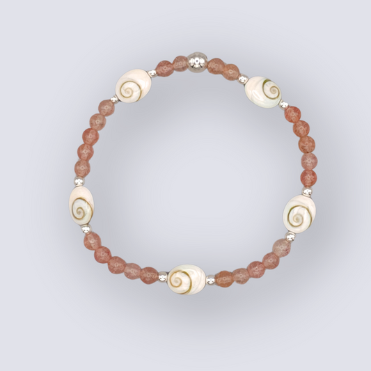 Heart of the Ocean – Shiva Shell, Strawberry Quartz & Silver Bracelet